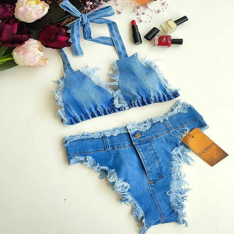 Jeansset1 ست دو تیکه شورت و سوتین جین رنگ آبی از برند فیتن کد3356 - Image 1